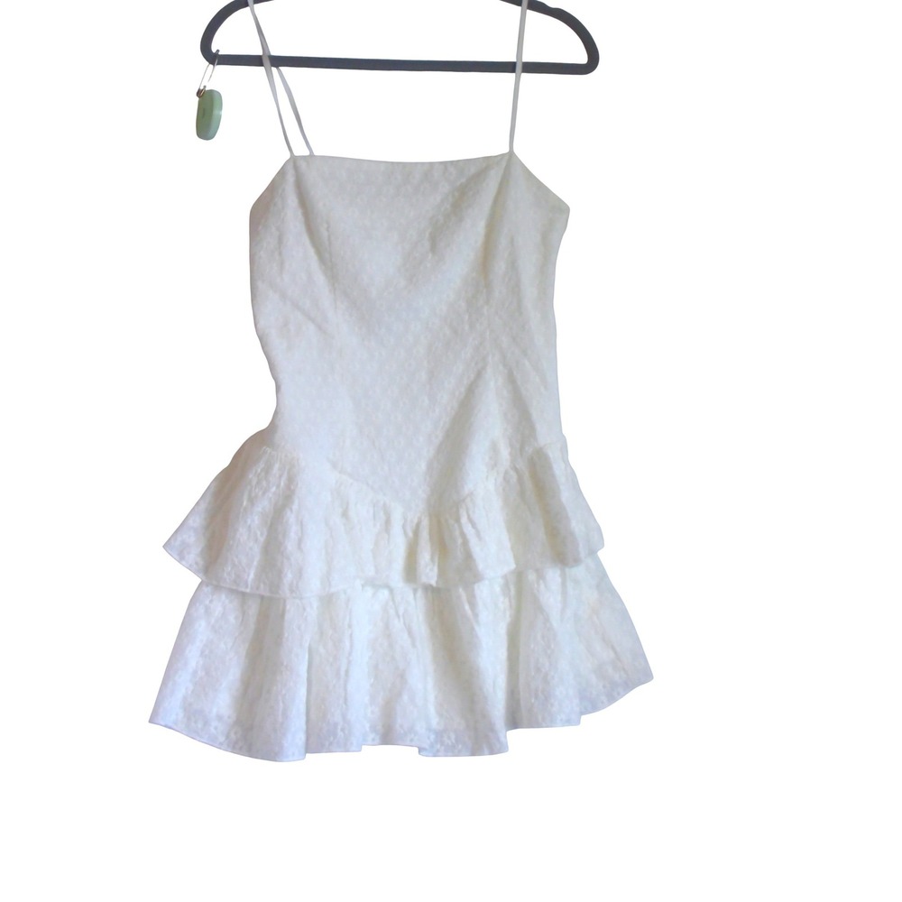 More to Come White Eyelet Ruffle Mini Dress Sleeveless Tiered Floral Sun Dress S
